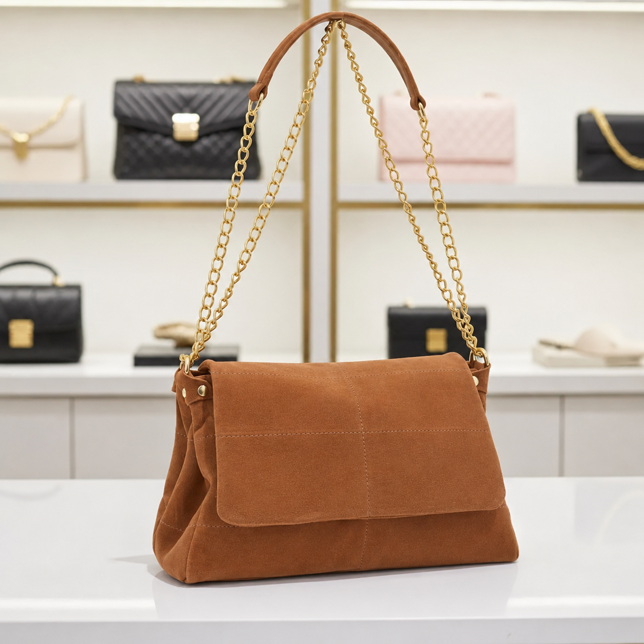 Bolsa Shoulder em Couro Camurça